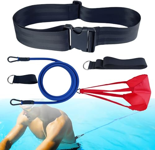 Swimming Resistance Training Set,Swimming Aquatic Resistance Belt,Swim Parachute,Pool Swim Harness Trainer,Stationary Swim Exercise Trainer Set, Swim and Pool Accessory
