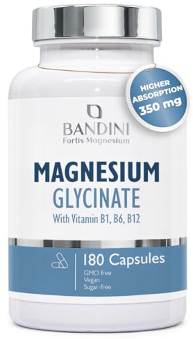 Bandini® Magnesio Bisglicinato 180 Capsule (2 mesi), 350 mg di Glicinato, Chelato per dose arricchito di Vitamina B1, B6, B12 Anti stress e fatica, Integratore per Sistema Nervoso, 100% Vegan