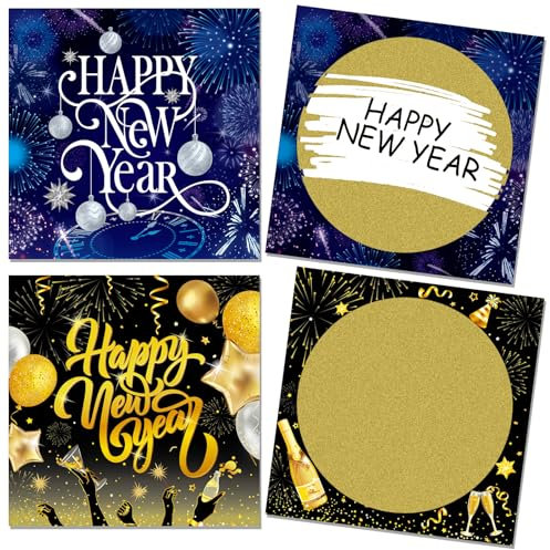 HOWAF 12 Rubbelkarten Silvester Spiele, Happy New Year Rubbelkarten zum Selber Beschriften & Rubbelaufkleber, Rubbellose Selber Machen Neujahrskarten für Silvesterspiele Silvester Geschenk