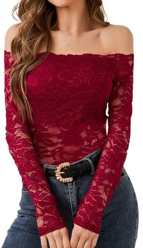 Haut Dentelle Femme Haut Chic et Elegant en Dentelle Florale Transparente Chemise Sexy en Maille Haut Manches Longues Automne et Hiver Noire Top