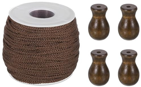 QUARKZMAN Cordón Trenzado para Persianas, 1.8 mm 50 Metros/Rollo Cordón De Nylon con 4 Piezas De Pomo De Madera para Reparación De Persianas Romanas Cortinas Artesanía DIY (Marrón)