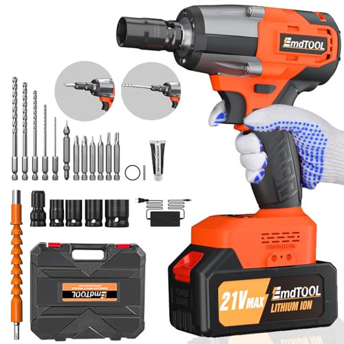 Clé à Chocs Sans Fil Brushless avec deux 4.0 Ah batteries, 550 N.M Boulonneuse à choc Electrique 3400RPM, clé à chocs 3 en 1 avec lumière LED 4 douilles, 12 mèches, pour la maison et la voiture