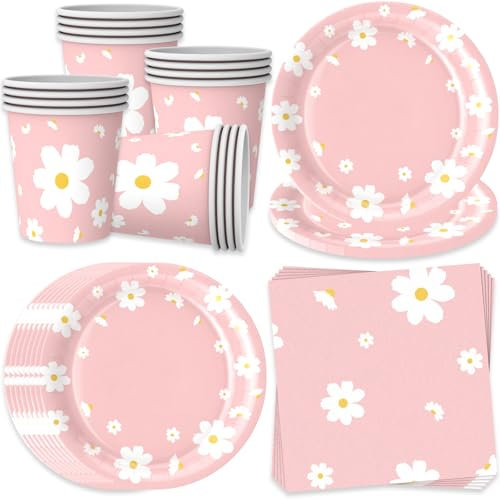 Bikasun Lot de vaisselle de fête en forme de marguerite pour 16 invités, Décoration d'anniversaire d'enfant, Assiettes gobelets serviettes en carton pour mariage, anniversaire, fête prénatale