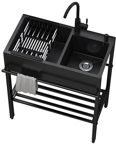 Évier de cuisine commercial à double compartiment en acier inoxydable avec robinet, évier utilitaire indépendant pour le service et le nettoyage