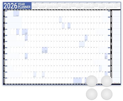 Giftinghouse Planificador de pared 2026 laminado A3 – Tamaño ideal (29,7 x 42 cm) – Calendario de pared con vista anual completa del Reino Unido con pegatinas de montaje para el hogar, oficina