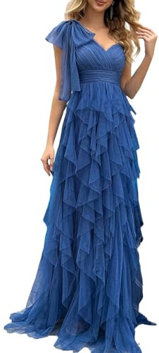 VOUIAO Summer Women Tulle Prom Dress Elegant Bow One Shoulder Slit Evening Party Gown Wedding Guest Bridesmaid Maxi Dress Haze Blue XL