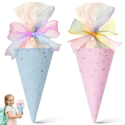 AYNKH Lot de 2 Cônes d’École Frère et Sœur Garçon Fille, Sacs Cadeaux en Tissu pour Bonbons Fournitures Scolaires, Mini Cornets d’École à Remplir avec Nœud, Rose et Bleu