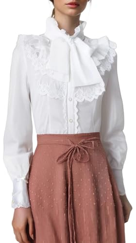 Blusa victoriana para mujer, estilo vintage, gótica, con lazo, encaje, manga larga, cuello alto, cuello alto, ropa de calle, botones y mangas largas, O blanco., L