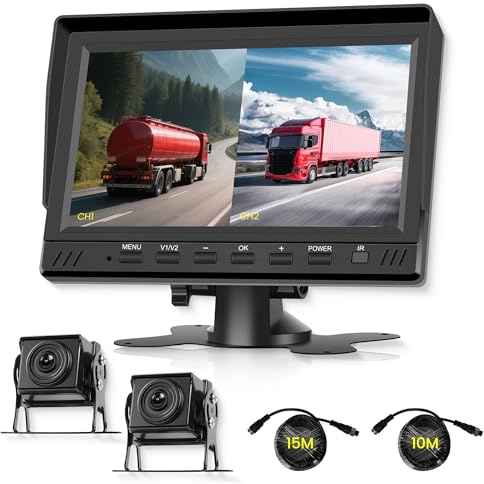 Rimoody Telecamera Posteriore Kit con 2 Telecamera, 7 Pollici IPS Monitor con 15m+10m Cavo, DVR, Loop Video, Visione Notturna, Impermeabile IP68 per Camion/Rimorchio/Bus/camper/Furgone/Agricoltura