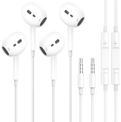 2 Pack In-Ear hörlurar med kabel, In-Ear hörlurar HiFi stereo med mikrofon och volymkontroll, jack 3,5 mm hörlurar trådar kompatibel med Phone/Pad/Samsung/Huawei/dator/PC