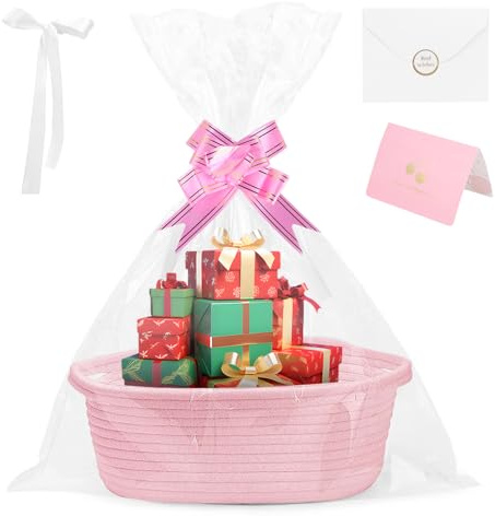 Presentkorg tom 30 x 20 x 12,5 cm, presentkorg, tom korg för presenter med transparent presentfolie, band och gratulationskort för födelsedagar, bröllop, babyparty, påsk, halloween, skördefest, jul
