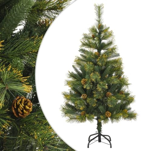 sephironlbb Konstgjord julgran, vikbar 150 cm med kottar och metallstativ, naturtrogen gran med PE-spetsar, dekorerad för vardagsrum och adventsdekoration
