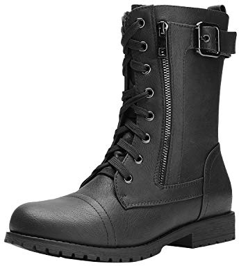 DREAM PAIRS Women's Mid Calf Built-in Wallet Pocket Lace up Military Combat Boots,Size 7.5,All Black,MISSION
