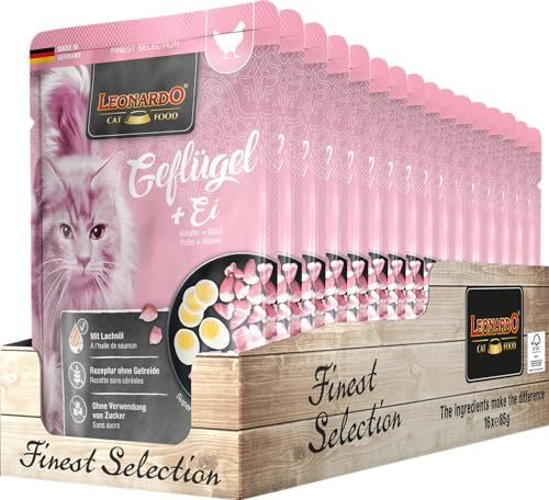 Leonardo Sacchetto salvafreschezza [16x85g Pollame + Uovo] | Cibo umido senza cereali per gatti | Alimento completo umido in busta monoporzione