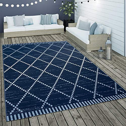 Paco Home In- & Outdoor Flachgewebe Teppich Ethno Geometrisch Skandi-Design In Blau Weiß, Grösse:80x150 cm
