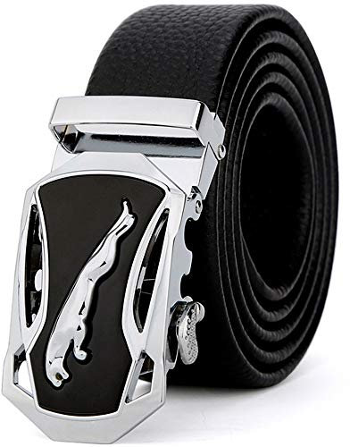 Automatik Gürtel Herren Leder Schwarz, Echt Ledergürtel Herren Jaguar Metall Gürtelschnalle Freizeit & Business Anzuggürtel für Männer 35mm Breit Herrengürtel mit Automatikschließe