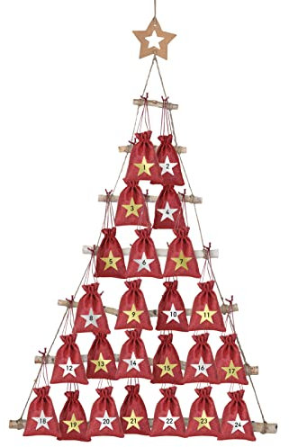 GWHOLE Scala in Legno Albero di Natale Calendario dell'avvento da Riempire, Treppiede in Legno Decorazione da Appendere Decorazione Murale Natalizia, 90 x 60 cm