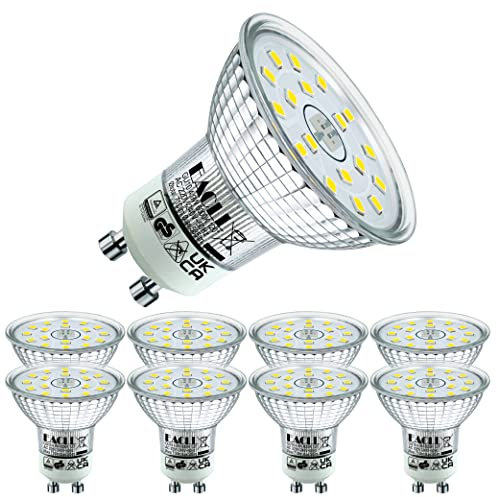 EACLL Bombillas LED GU10 Blanco Frio 4.9W Reemplaza 75W Halógena, Pack de 8, Focos Sin Parpadeo AC 230V, 6000K 585 Lúmenes 120 ° Spotlight, Lámpara Reflectora no Regulable
