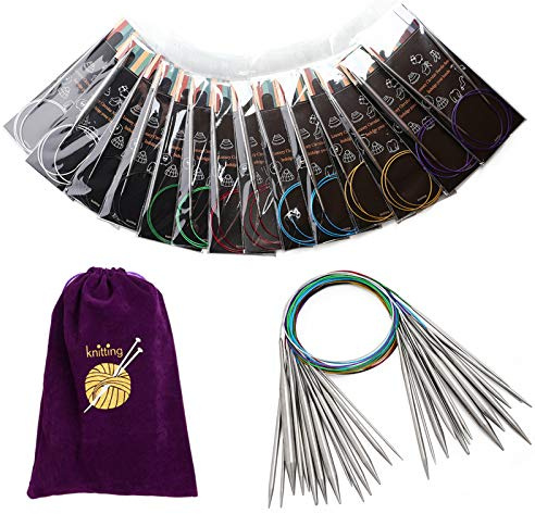 WingFly Ferri da Maglia circolari in Acciaio Inossidabile 14 Pezzi, Professione 80cm Ferri Circolari intercambiabili Set, Strumenti di Lavoro a Maglia Uncinetto Accessori Fai da Te(2.25-10 mm) (A)