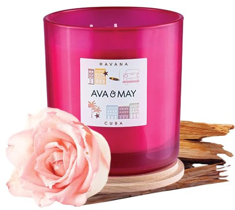 AVA & MAY Havana Große Duftkerze (500 g) – vegane Sojawachs-Kerze mit 70 Stunden Brenndauer – mit hochwertigem Duftöl aus Rose, Sandelholz und Tabak