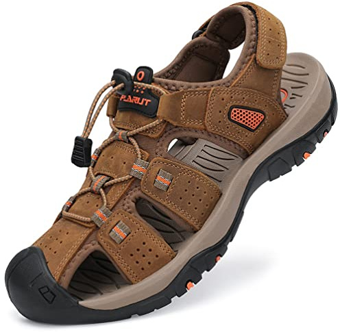 FLARUT Sandaler Herr Bekväma Sportsandaler Sandaler Med Stängd tå för Män Trekking Strand Justerbara(Ljusbrun,42 EU)