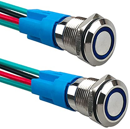 Aiqeer 2 stycken 12 mm tillfällig tryckbrytare, 12 V/24 V 3 A automatisk tändning startbrytare, IP66 vattentät tryckbrytare i rostfritt stål, med förkopplat uttag (blå LED)