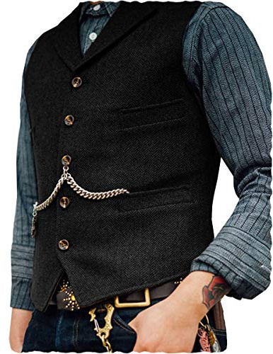 AeoTeokey Classic Mens Wool Tweed Suit Vest Casual Sleeveless Jacket Herringbone Waistcoat for Tuxedos