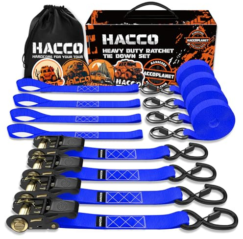 Haccoplanet Ratchet Tie Down Straps, 2340lb Break Strength, 4pc 1inch x 16FT Ratchet Strap Set with Padded Handles & Coated S Hook W/Safety Clip, Cargo Strap Tie-Down for Motorcycle, Truck (Blue)