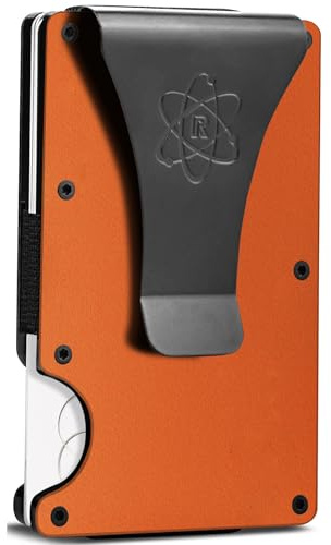 ROSSM smal minimalistisk framficka RFID-blockerande kolfiber metall plånböcker för män med sedelklämma och kontantrem, Matt orange, Money Clip, Minimalistisk