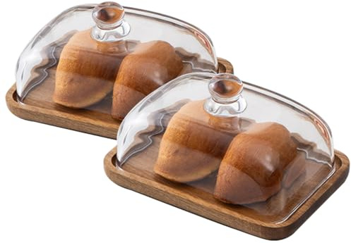 2 Pack Rectangular Wooden Cake Stand, 4 x 6.3 Mini Cake Plate Holder with Clear Glass Bell,Cake Display Server Tray for Kitchen,Birthday Parties,Weddings,Baking Gifts