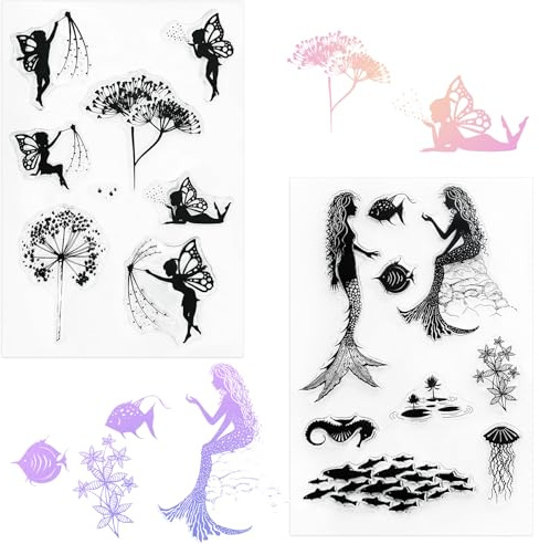 Mooshy 2pcs Silicone Clear Stamps, Butterfly Fairy and Mermaid Fairy Clear Stamps for Card Making Rubber Seals for DIY Scrapbooking Crafting and Cards Making