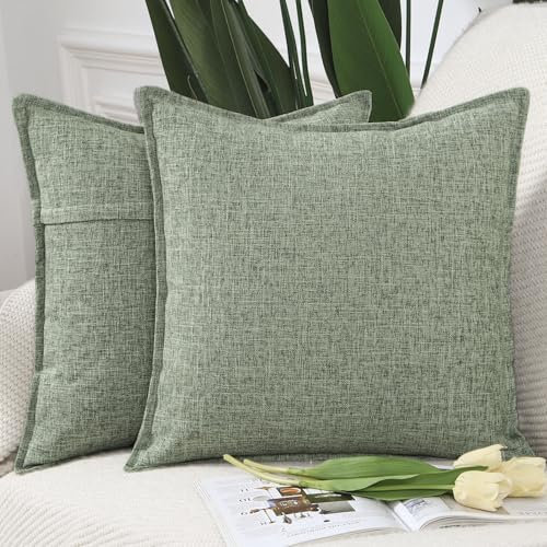 Madizz 2er Set Polyester- Leinen Kissenbezügen Weiche dekorative Kissenbezüge für Sofa Schlafzimmer Kissenhülle Graugrün 40x40 cm Quadrat
