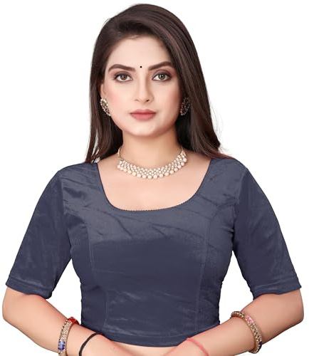 SEEANS Women's Velvet Stretchable Saree Blouse | Readymade Full-Stitched Half Sleeve Choli | Soft & Comfortable Partywear Crop Top | Traditional & Festive Wear | Grey, 31 to 35 Bust Stretchy