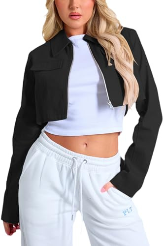 RomMoon Women's Zip Up Lapel Long Sleeve Lightweight Cropped Casual Jacket