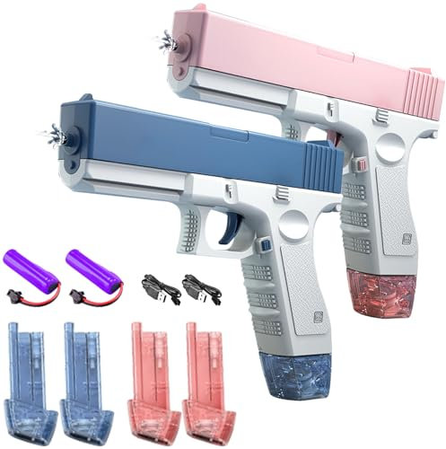 Electric Water Pistol 2 Pcs (Blue & Pink), High-Powered Water Guns for Kids with 2 Detachable Magazines, Long Range Pressurised Squirt Gun for Summer Pool Beach, Cat Play, Birthday Gift for Boys Girls