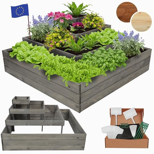 MODO24 Hochbeet, Kräuterbeet, Gartenbeet, Pflanzbeet, Blumenbeet, Stufenbeet, Holz Stufen Treppe, für Garten und Terrasse, Kiefernholz, Massivholz, Abmessungen 54x119x119 cm, Farbe: Grau