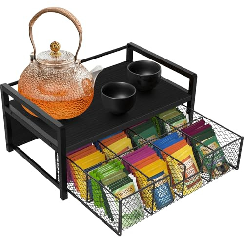 Homode Wood Tea Bag Organizer, Teabag Holder with Drawer, Tea Organizers and Storage Box, 8 Compartments Tea Caddy Station Chests Display Container for Counter Kitchen, Black