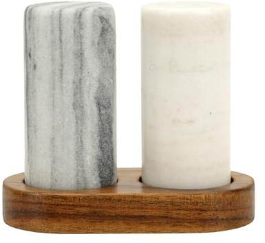 Spiretro Elegante juego de salero y pimentero de mármol con soporte de madera de acacia, coctelera cilíndrica de mármol gris y blanco real para estante de cocina, mesa o estante de especias, 1.75 x