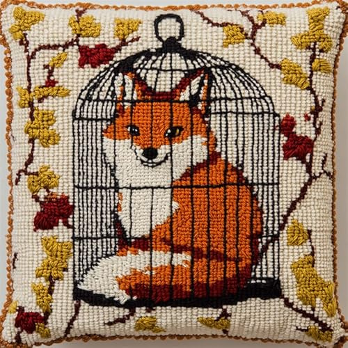 animale Kit Gancio di Chiusura per Cuscino Fai-da-Te,Volpe in una gabbia floreale,Artigianato Facile da Imparare per Kit Tappeto con Gancio di Chiusura per Cuscino,43x43cm
