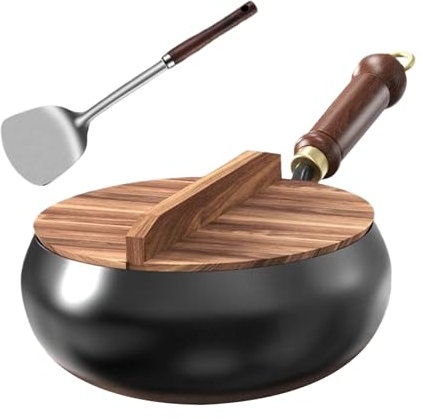Générique Poêle Japonaise En Fer Forgé, Wok En Fonte Avec Couvercle, 24cm Poêle Antiadhésive Non Toxique Sans Revêtement Avec Couvercle En Bois Pour Feu, Cuisinière À Gaz Et À Induction