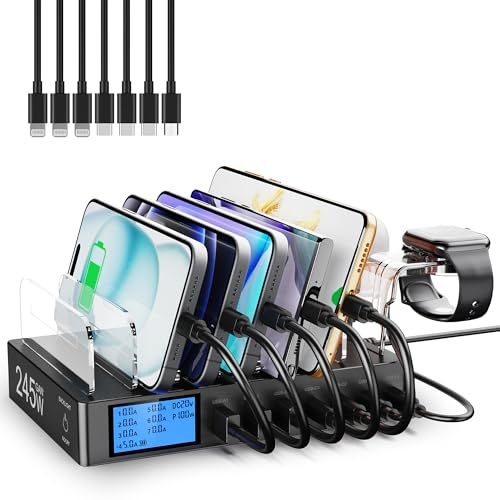 245W Ladestation für Mehrere Geräte, 7-Port USB Ladestation Handy Ladestation mit LCD-Anzeige mit 7 Kabeln und i-Watch Ladegerät Halterung Enthalten, für iPhone, Tablets und Andere Elektronik -schwarz
