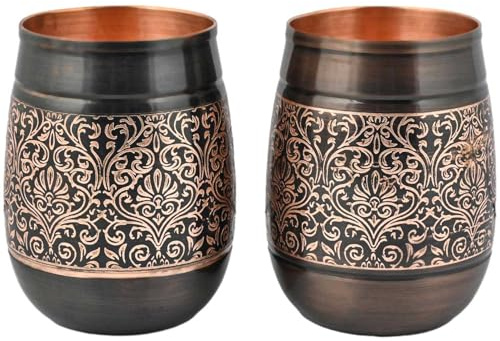ANCIENTIMPEX Lot de 2 gobelets en cuivre avec motif floral, capacité de 250 ml pour les bienfaits ayurvédiques pour la santé (tonneau).