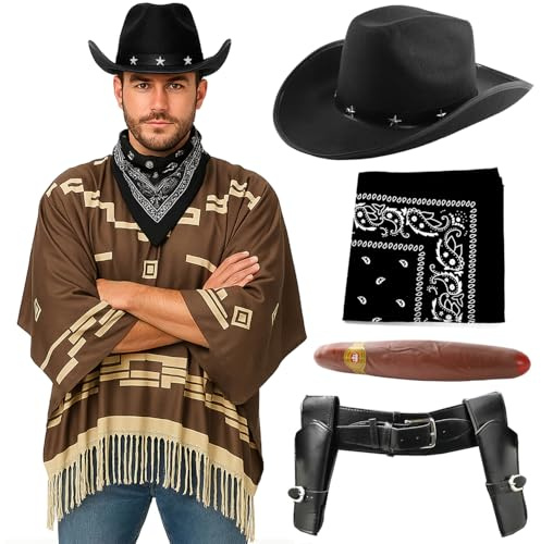 Cowboykostym för vuxna – mörkbrun poncho, svart stjärnprydd cowboyhatt, svart bandana, pistolhölster, falsk cigarr – herr vild väst bandit pistoler västerländsk maskeraddräkt