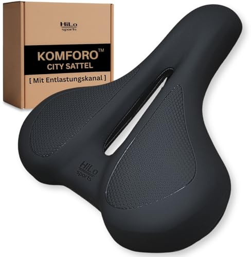 HiLo sports KOMFORO City E-cykel Cykelsadel för män och kvinnor [Ergonomisk cykelsits för e-cykel och cykel] med gelstoppning – tryckreducerande cykelsadel med avlastningskanal