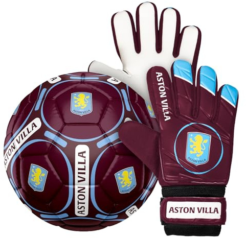Aston Villa Official Size 4 Football & Boys Goalkeeper Gloves Gift Set