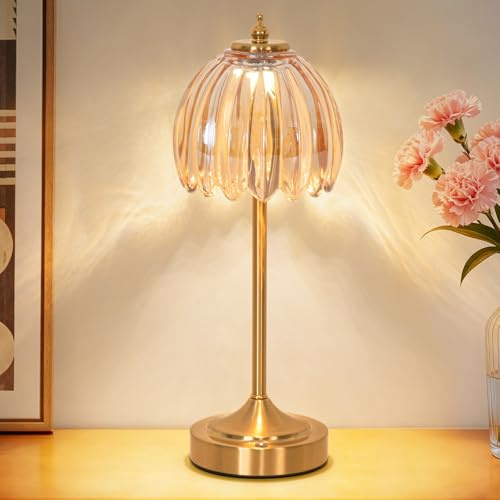 Lampe de chevet LED vintage à intensité variable, 3CCT, sans fil, avec abat-jour en verre tulipe rétro, batterie rechargeable par USB, contrôle tactile, petite veilleuse pour chambre à coucher, salon