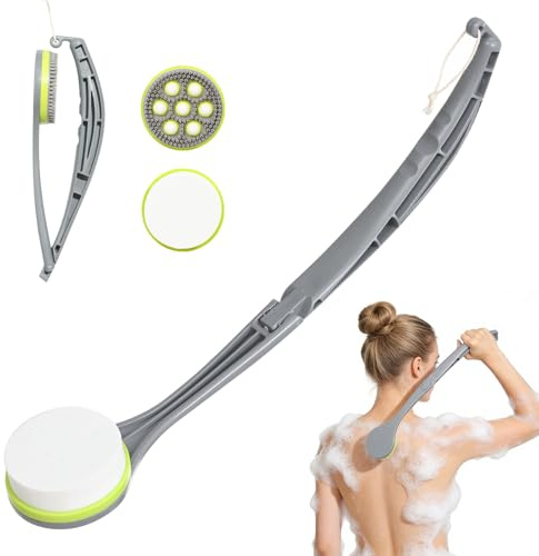 Crema aiuto per la schiena con 2 teste in EVA e sfera massaggiante – Spazzola da bagno per la cura della pelle, applicazione uniforme di lozione durante la doccia