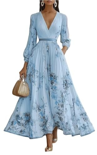 Wedding Guest Dresses for Women, Ladies V Neck Empire Waist Floral Dresses Summer Chiffon Dress Elegant Party Outfits Curvy Long Evening Skirts Women's Summer A Line Ball Gown
