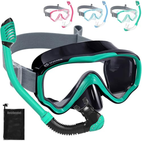 Vvinca Set da snorkeling per bambini dai 4 ai 14 anni, con boccaglio, per ragazze e ragazzi, 180°, anti-appannamento, anti-perdite, regolabile, elastico, maschera da snorkeling, colore nero e verde