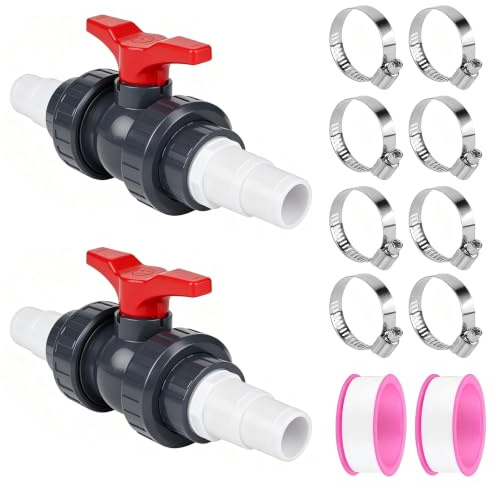 Meenewching 2 stycken PVC-kulventil med slanganslutning, avstängningsventil 50 mm (1/2 tum) för poolslang 32–38 mm, flödesreglerande poolventil för pool, regntunna och trädgårdsbevattning